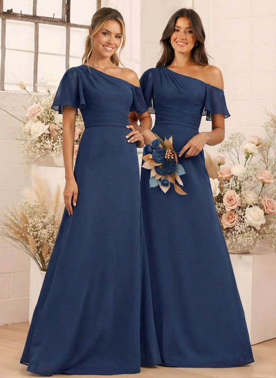 A-Line One-Shoulder Short Sleeves Floor-Length Chiffon Bridesmaid Dresses