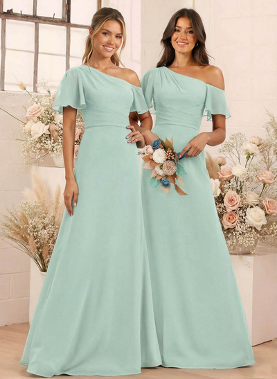 A-Line One-Shoulder Short Sleeves Floor-Length Chiffon Bridesmaid Dresses