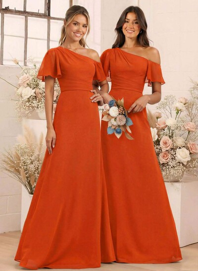 A-Line One-Shoulder Short Sleeves Floor-Length Chiffon Bridesmaid Dresses