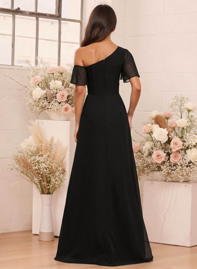 A-Line One-Shoulder Short Sleeves Floor-Length Chiffon Bridesmaid Dresses