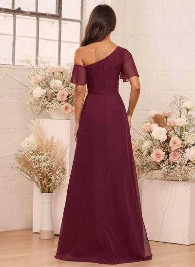 A-Line One-Shoulder Short Sleeves Floor-Length Chiffon Bridesmaid Dresses