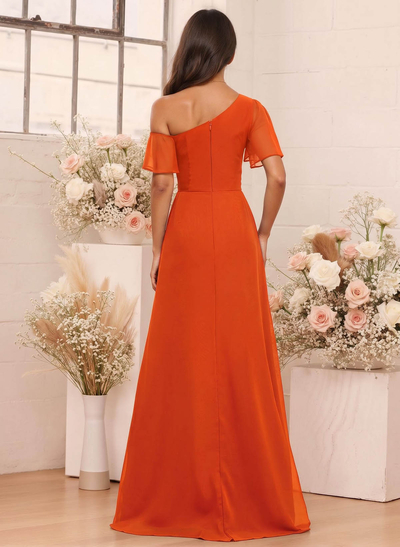 A-Line One-Shoulder Short Sleeves Floor-Length Chiffon Bridesmaid Dresses