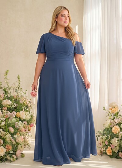 A-Line One-Shoulder Short Sleeves Floor-Length Chiffon Bridesmaid Dresses