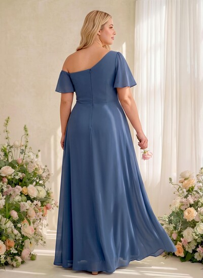 A-Line One-Shoulder Short Sleeves Floor-Length Chiffon Bridesmaid Dresses