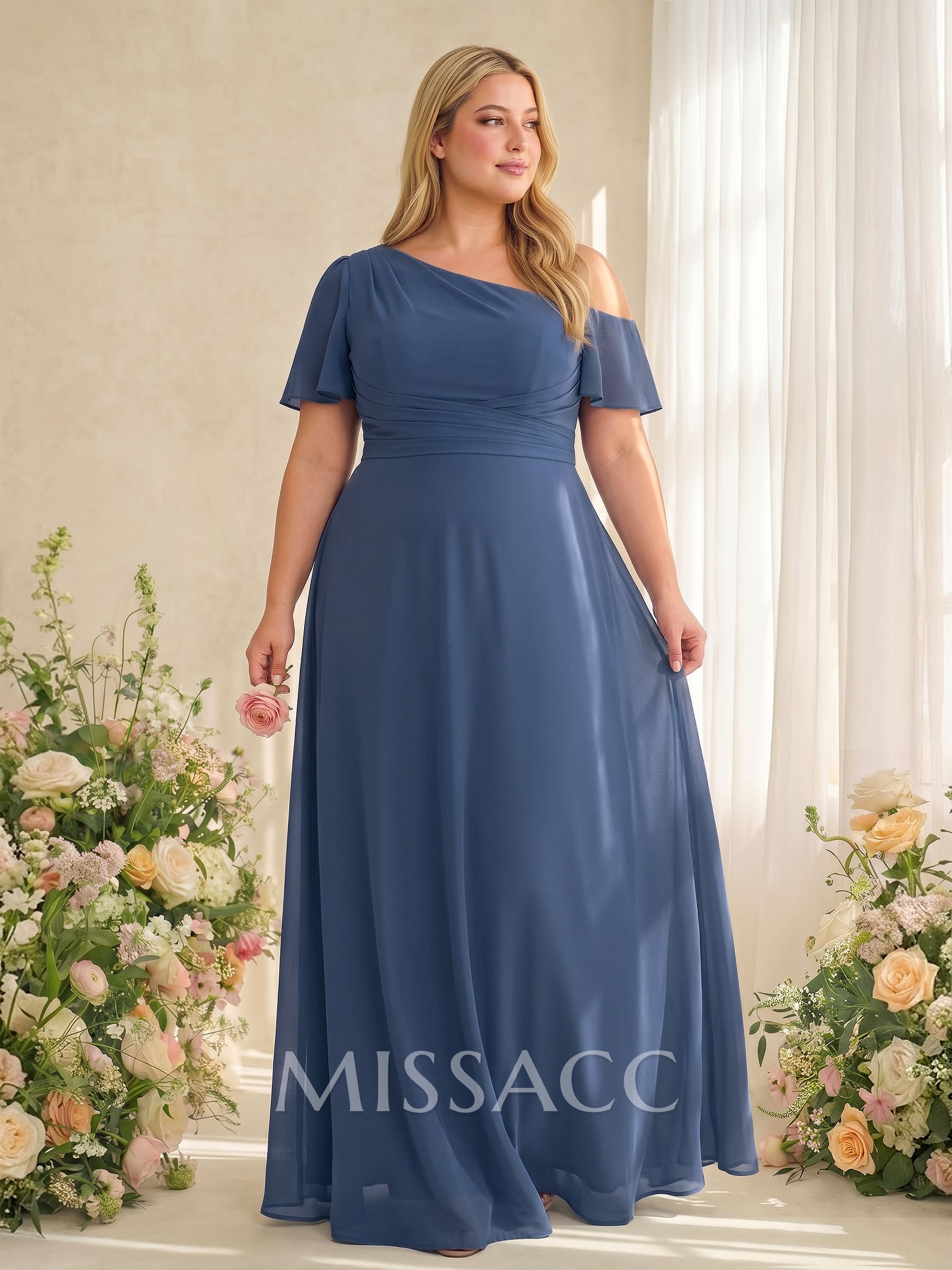 A-Line One-Shoulder Short Sleeves Floor-Length Chiffon Bridesmaid Dresses
