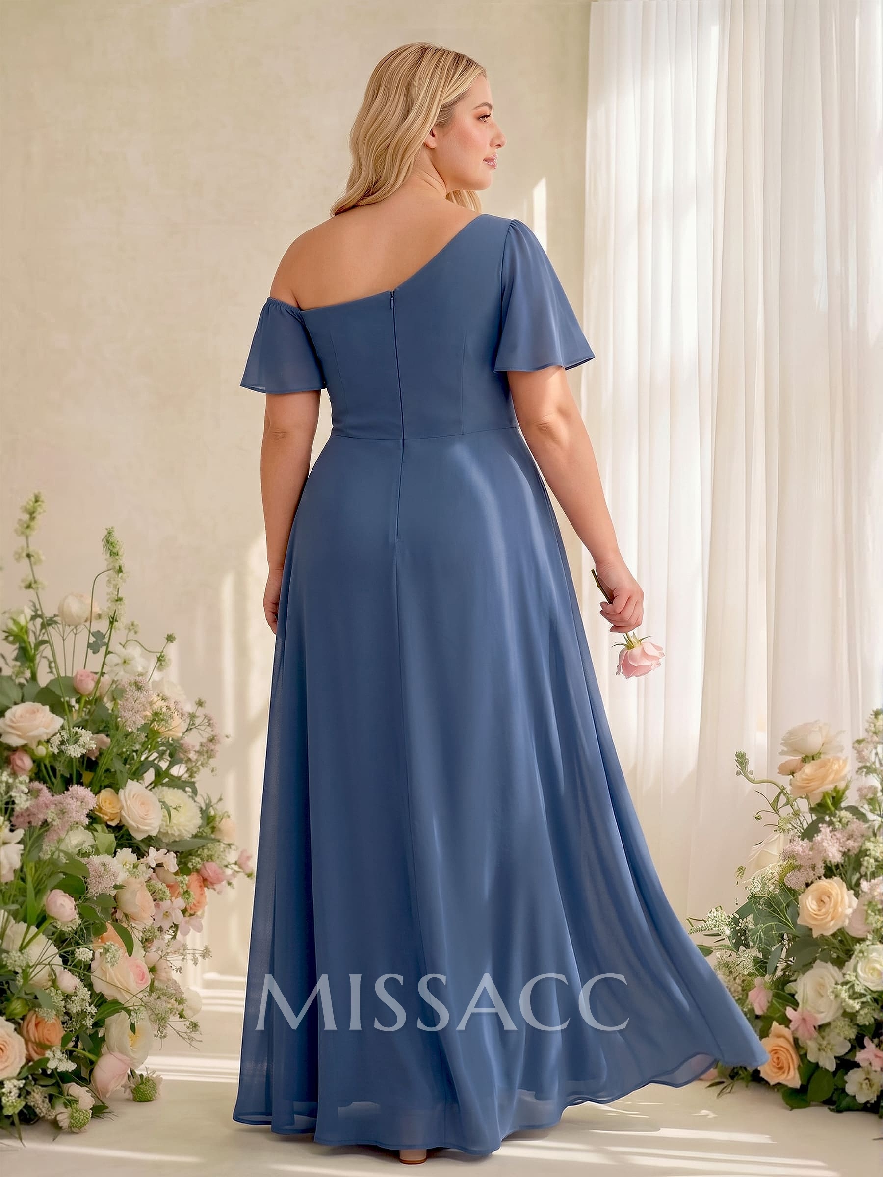 A-Line One-Shoulder Short Sleeves Floor-Length Chiffon Bridesmaid Dresses