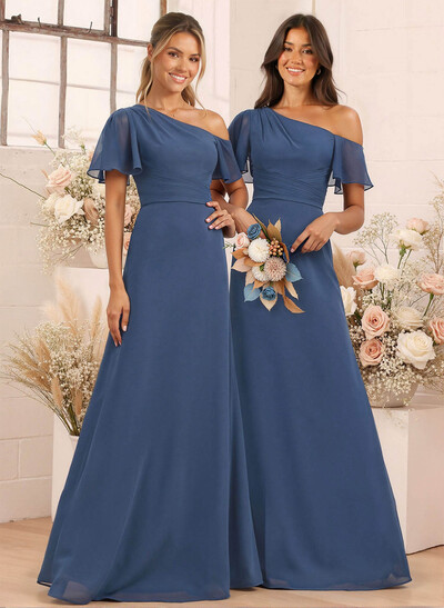 A-Line One-Shoulder Short Sleeves Floor-Length Chiffon Bridesmaid Dresses