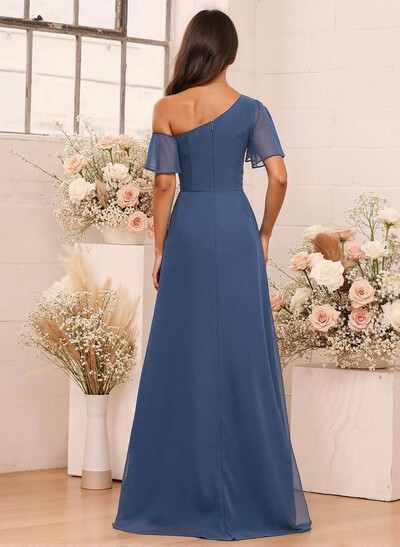 A-Line One-Shoulder Short Sleeves Floor-Length Chiffon Bridesmaid Dresses
