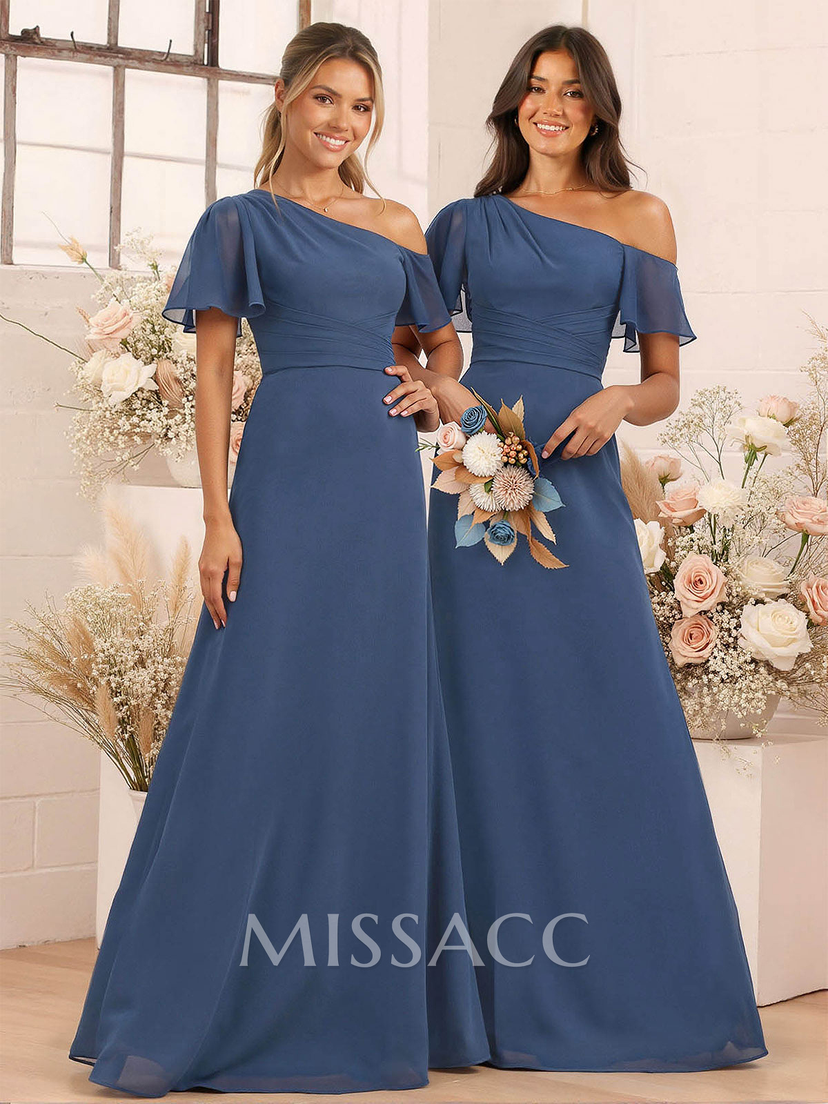 A-Line One-Shoulder Short Sleeves Floor-Length Chiffon Bridesmaid Dresses