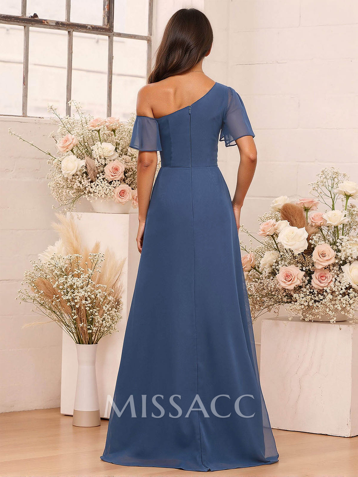 A-Line One-Shoulder Short Sleeves Floor-Length Chiffon Bridesmaid Dresses