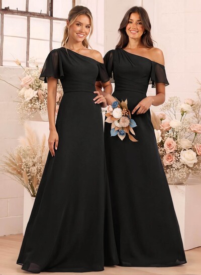 A-Line One-Shoulder Short Sleeves Floor-Length Chiffon Bridesmaid Dresses