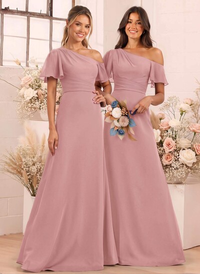 A-Line One-Shoulder Short Sleeves Floor-Length Chiffon Bridesmaid Dresses