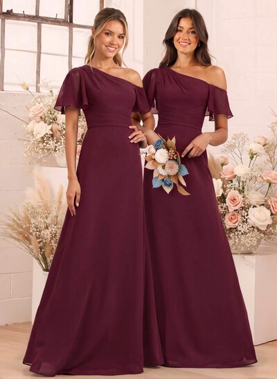 A-Line One-Shoulder Short Sleeves Floor-Length Chiffon Bridesmaid Dresses