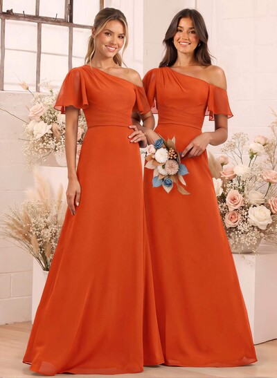 A-Line One-Shoulder Short Sleeves Floor-Length Chiffon Bridesmaid Dresses