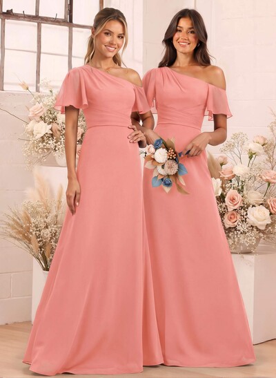 A-Line One-Shoulder Short Sleeves Floor-Length Chiffon Bridesmaid Dresses