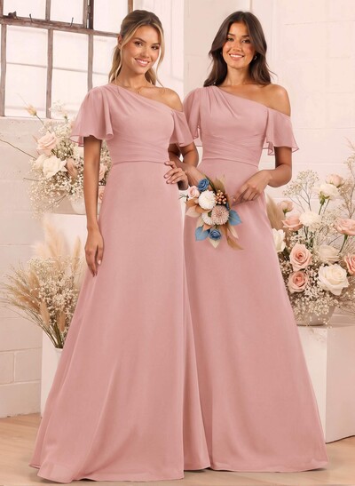 A-Line One-Shoulder Short Sleeves Floor-Length Chiffon Bridesmaid Dresses