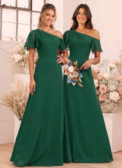 A-Line One-Shoulder Short Sleeves Floor-Length Chiffon Bridesmaid Dresses