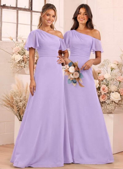A-Line One-Shoulder Short Sleeves Floor-Length Chiffon Bridesmaid Dresses