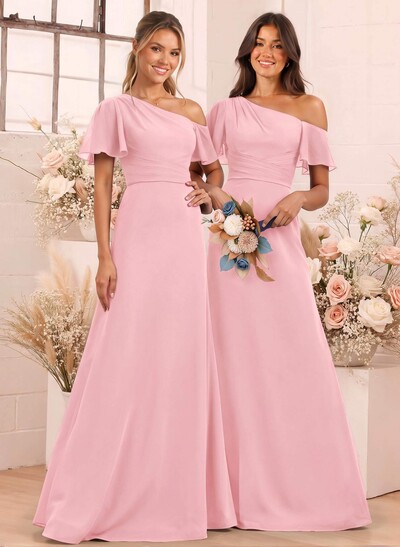 A-Line One-Shoulder Short Sleeves Floor-Length Chiffon Bridesmaid Dresses