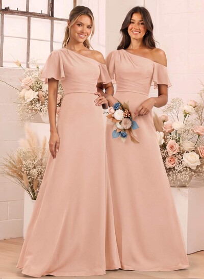 A-Line One-Shoulder Short Sleeves Floor-Length Chiffon Bridesmaid Dresses