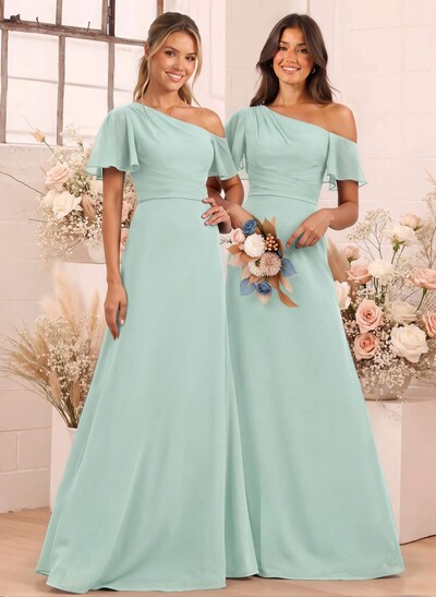 A-Line One-Shoulder Short Sleeves Floor-Length Chiffon Bridesmaid Dresses