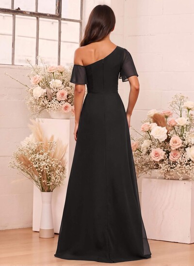 A-Line One-Shoulder Short Sleeves Floor-Length Chiffon Bridesmaid Dresses