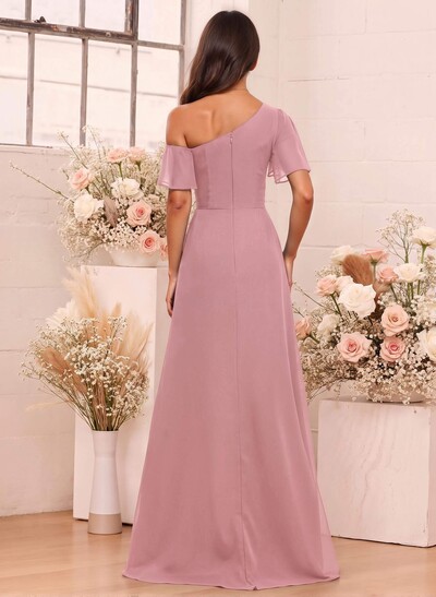 A-Line One-Shoulder Short Sleeves Floor-Length Chiffon Bridesmaid Dresses