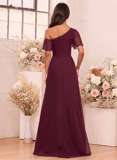 A-Line One-Shoulder Short Sleeves Floor-Length Chiffon Bridesmaid Dresses