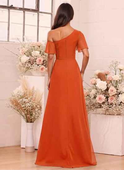 A-Line One-Shoulder Short Sleeves Floor-Length Chiffon Bridesmaid Dresses