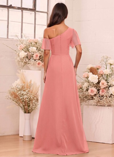 A-Line One-Shoulder Short Sleeves Floor-Length Chiffon Bridesmaid Dresses