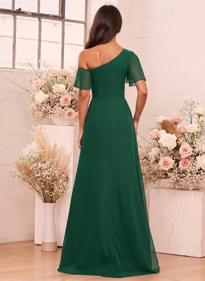 A-Line One-Shoulder Short Sleeves Floor-Length Chiffon Bridesmaid Dresses