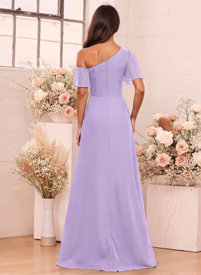 A-Line One-Shoulder Short Sleeves Floor-Length Chiffon Bridesmaid Dresses