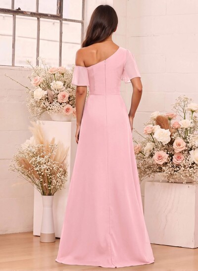 A-Line One-Shoulder Short Sleeves Floor-Length Chiffon Bridesmaid Dresses