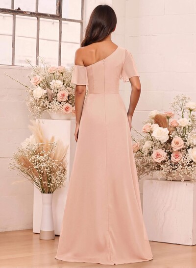 A-Line One-Shoulder Short Sleeves Floor-Length Chiffon Bridesmaid Dresses