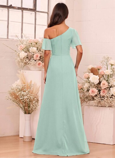 A-Line One-Shoulder Short Sleeves Floor-Length Chiffon Bridesmaid Dresses