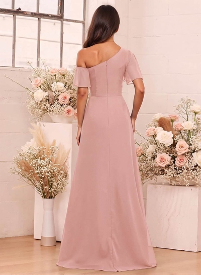 A-Line One-Shoulder Short Sleeves Floor-Length Chiffon Bridesmaid Dresses