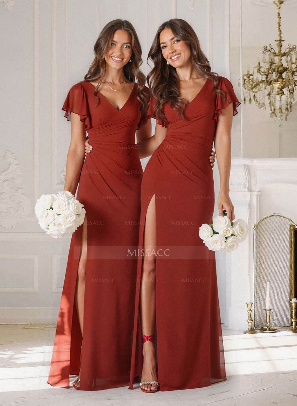 Sheath/Column V-Neck Short Sleeves Floor-Length Chiffon Bridesmaid Dresses With High Split/Shoulder Ruffle