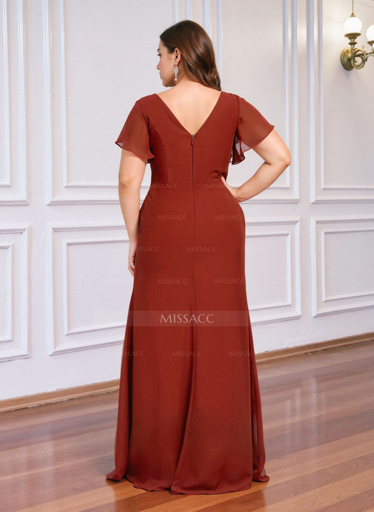 Sheath/Column V-Neck Short Sleeves Floor-Length Chiffon Bridesmaid Dresses With High Split/Shoulder Ruffle