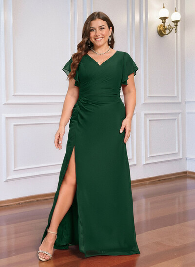 Sheath/Column V-Neck Short Sleeves Floor-Length Chiffon Bridesmaid Dresses With High Split/Shoulder Ruffle