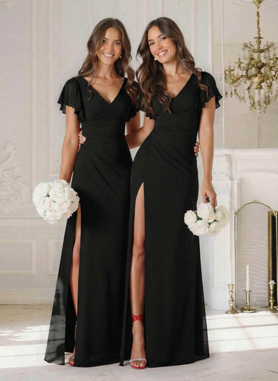 Sheath/Column V-Neck Short Sleeves Floor-Length Chiffon Bridesmaid Dresses With High Split/Shoulder Ruffle