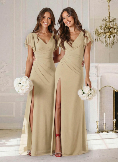 Sheath/Column V-Neck Short Sleeves Floor-Length Chiffon Bridesmaid Dresses With High Split/Shoulder Ruffle