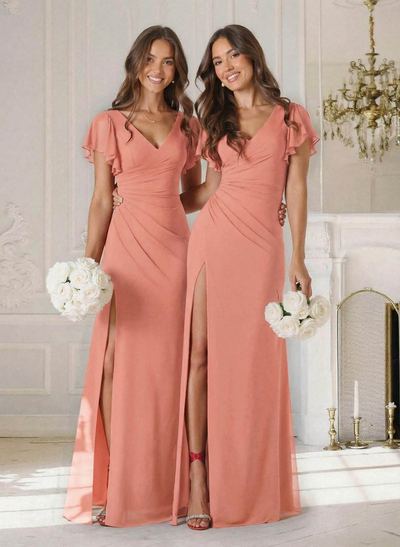 Sheath/Column V-Neck Short Sleeves Floor-Length Chiffon Bridesmaid Dresses With High Split/Shoulder Ruffle