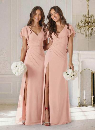 Sheath/Column V-Neck Short Sleeves Floor-Length Chiffon Bridesmaid Dresses With High Split/Shoulder Ruffle