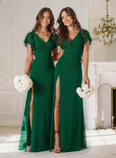 Sheath/Column V-Neck Short Sleeves Floor-Length Chiffon Bridesmaid Dresses With High Split/Shoulder Ruffle