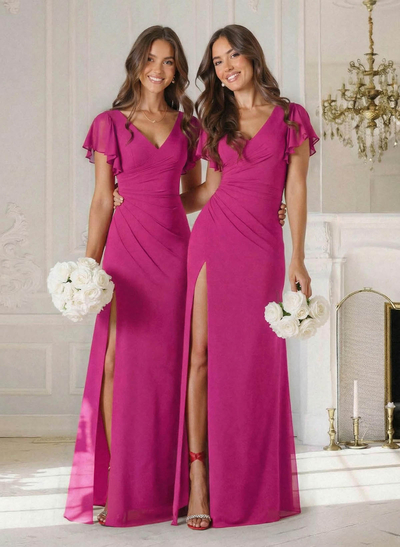 Sheath/Column V-Neck Short Sleeves Floor-Length Chiffon Bridesmaid Dresses With High Split/Shoulder Ruffle