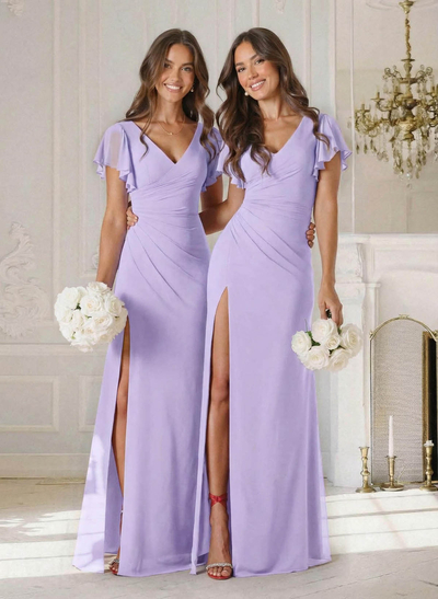 Sheath/Column V-Neck Short Sleeves Floor-Length Chiffon Bridesmaid Dresses With High Split/Shoulder Ruffle