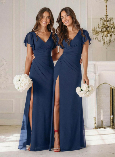 Sheath/Column V-Neck Short Sleeves Floor-Length Chiffon Bridesmaid Dresses With High Split/Shoulder Ruffle