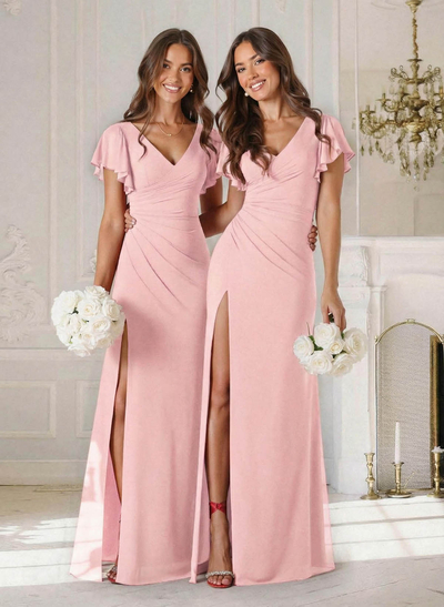 Sheath/Column V-Neck Short Sleeves Floor-Length Chiffon Bridesmaid Dresses With High Split/Shoulder Ruffle
