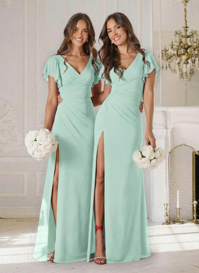 Sheath/Column V-Neck Short Sleeves Floor-Length Chiffon Bridesmaid Dresses With High Split/Shoulder Ruffle