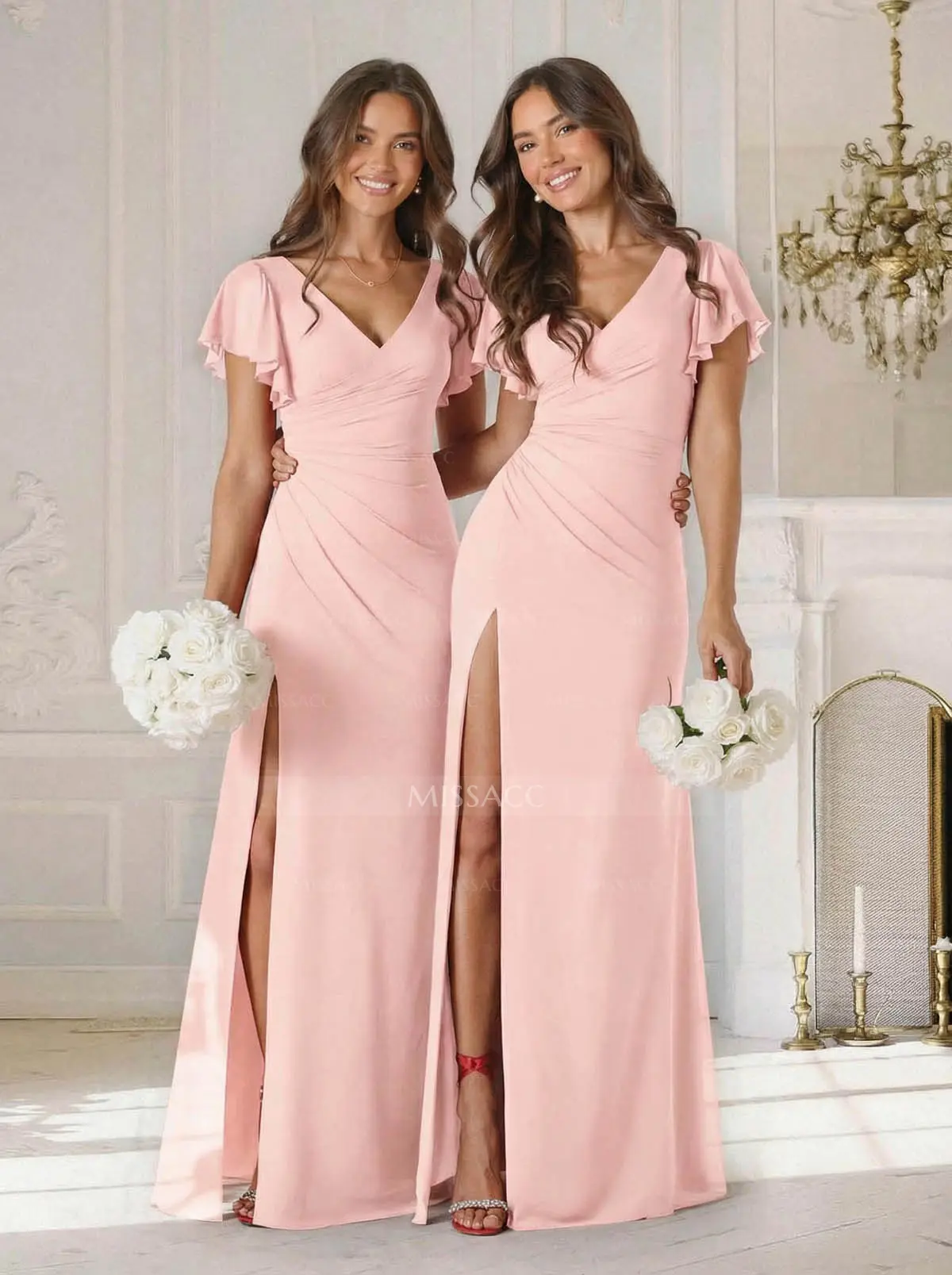 V-Neck Short Sleeves Floor-Length Chiffon Bridesmaid Dresses#SBD11591 $88